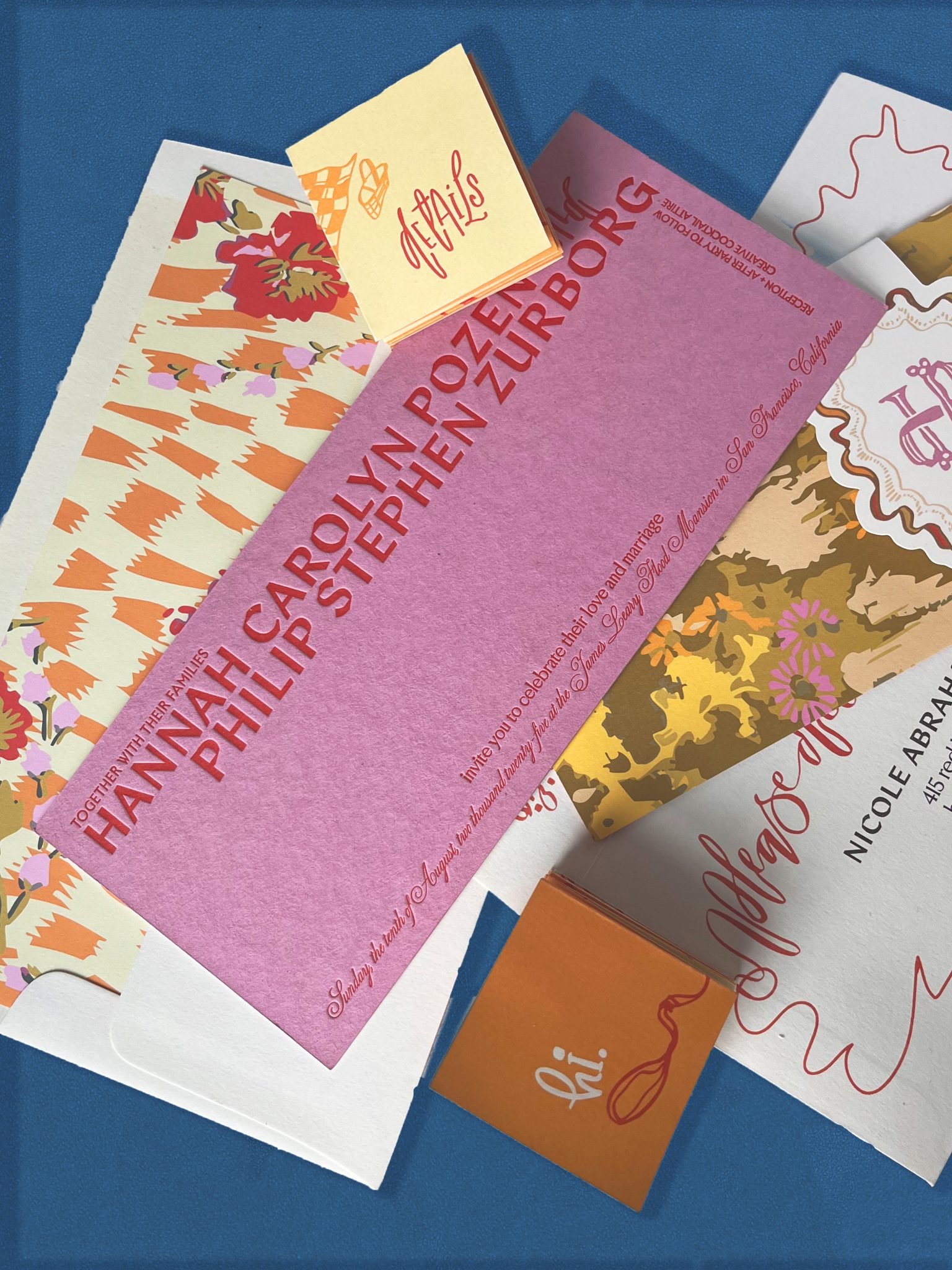 Letterpress wedding invitation suite with colorful paper, ink colors and bold patterns