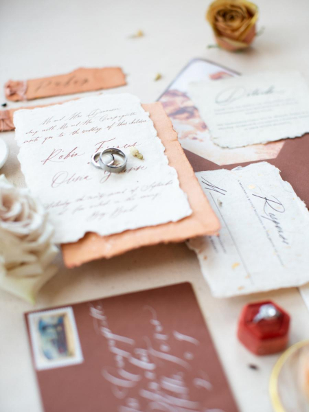Handmade paper terracotta luxury modern wedding invitations with marbled wax seal and envelope liner