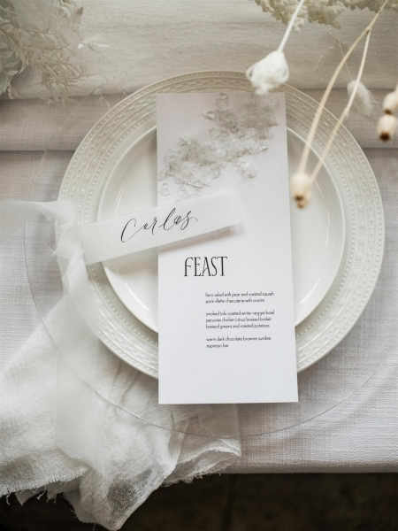 Minimalist, modern typography wedding menu with abstract, organic texture, paired with a vellum modern calligraphy tag with frayed edge sheer ribbon
