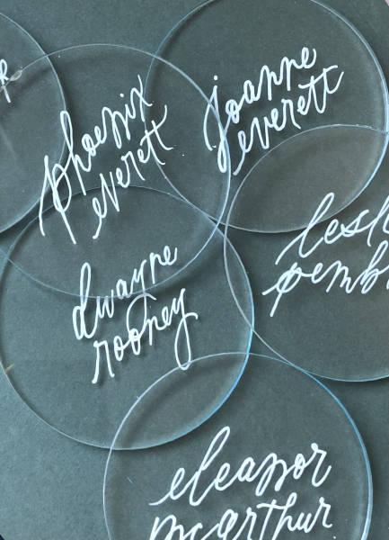 acrylic round place cards with white ink modern calligraphy