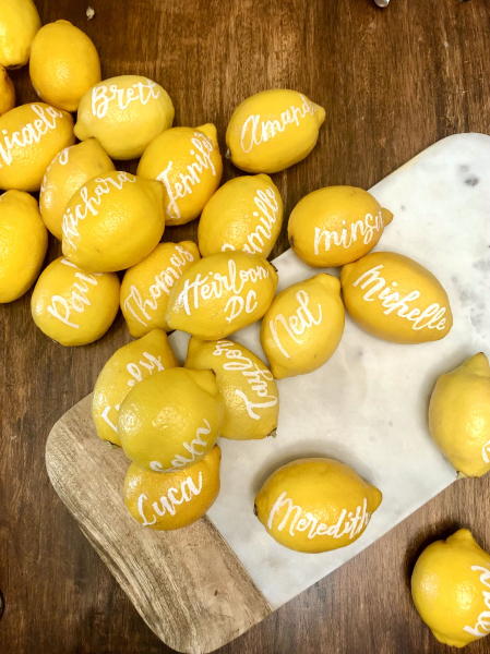 citrus hand lettered names place cards
